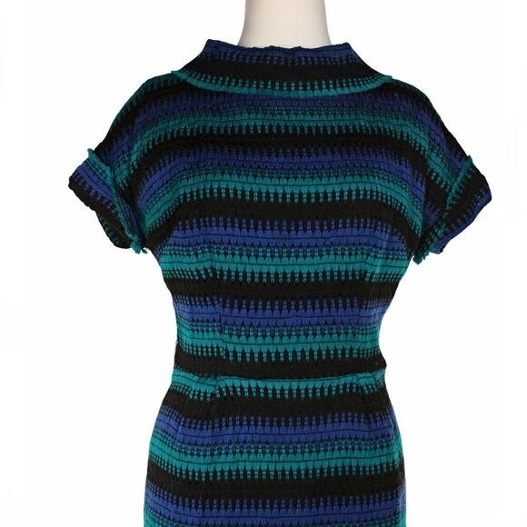 Vintage Fitted Sheath Dress Woven Blue Green Stripe Metal Zip Size M - Hey Viv - Picture 4 of 7